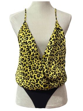 Michelle Mason Neon Yellow Leopard Print Silk V-Neck Wrap Effect Bodysuit Top